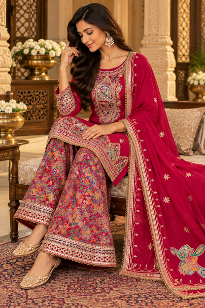 Magenta Embroidered Kurta Palazzo Set