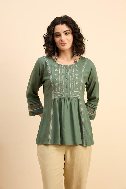 Olive Green Cotton Embroidered Short Kurti - Casual Ethnic Wear