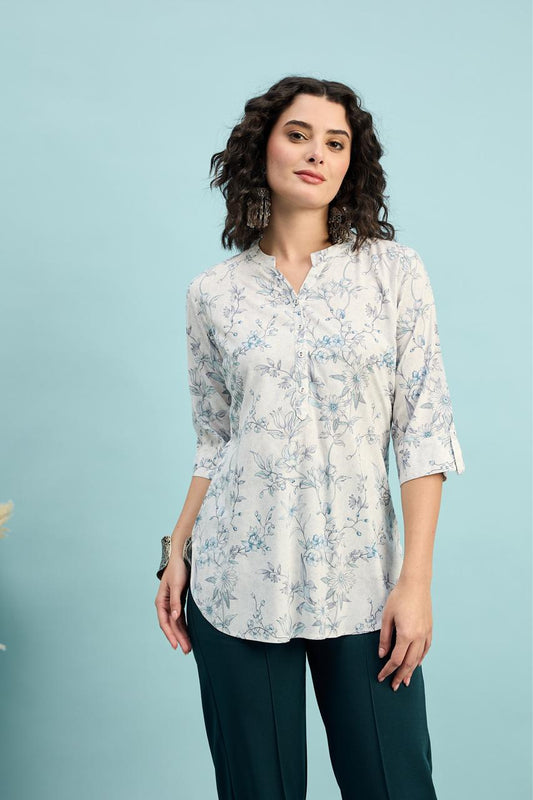 Off-White Floral Printed Cotton Kurti - Everyday Elegance