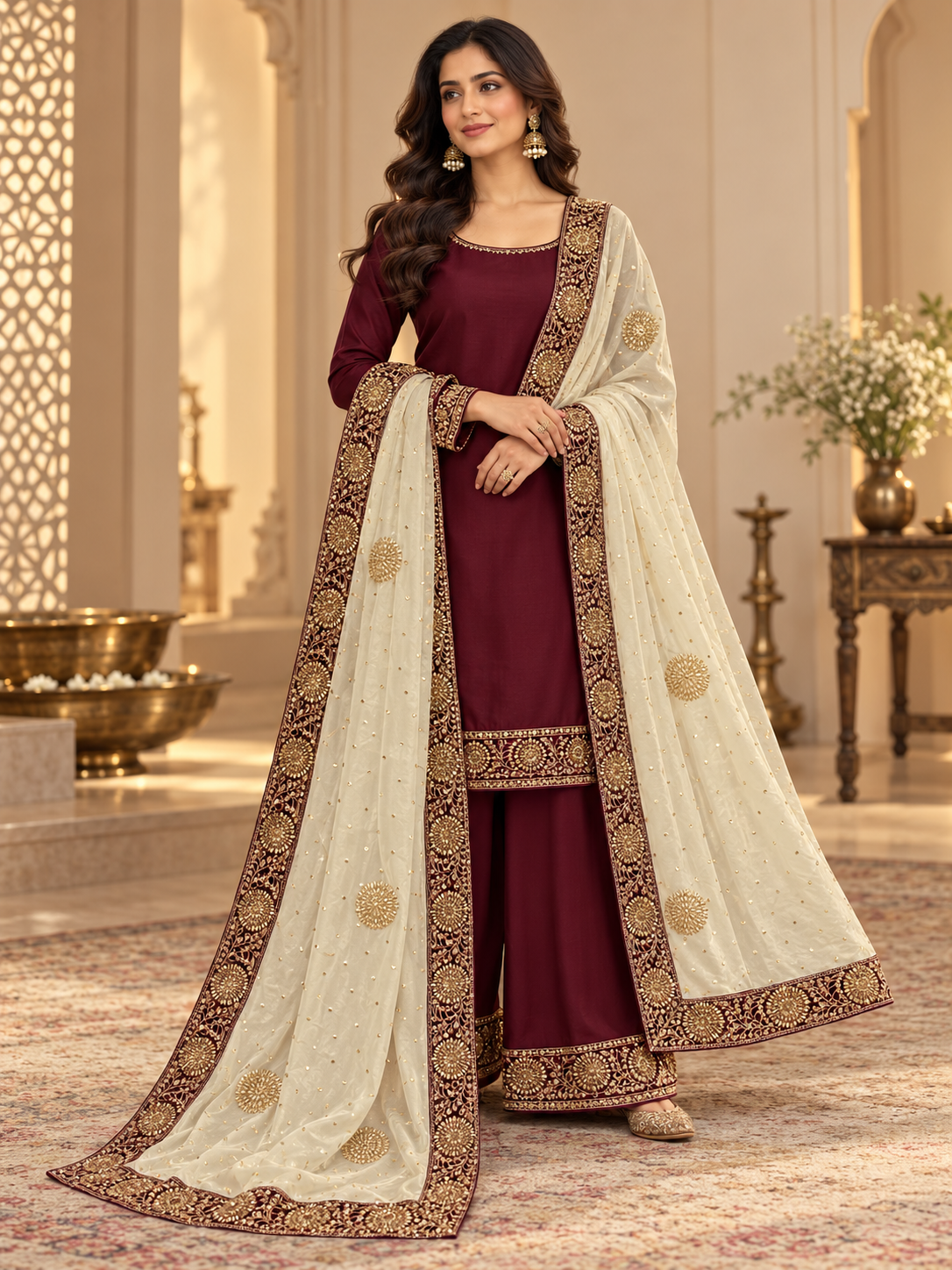 Ivory & Maroon Gold-Embroidered Dupatta