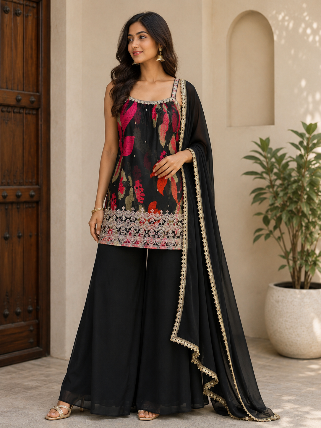 Black Floral Plazo Suit