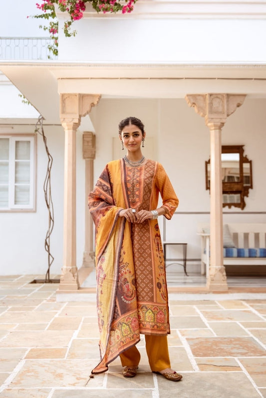 Printed Yellow Kurta Set Paired With Printed Dupatta