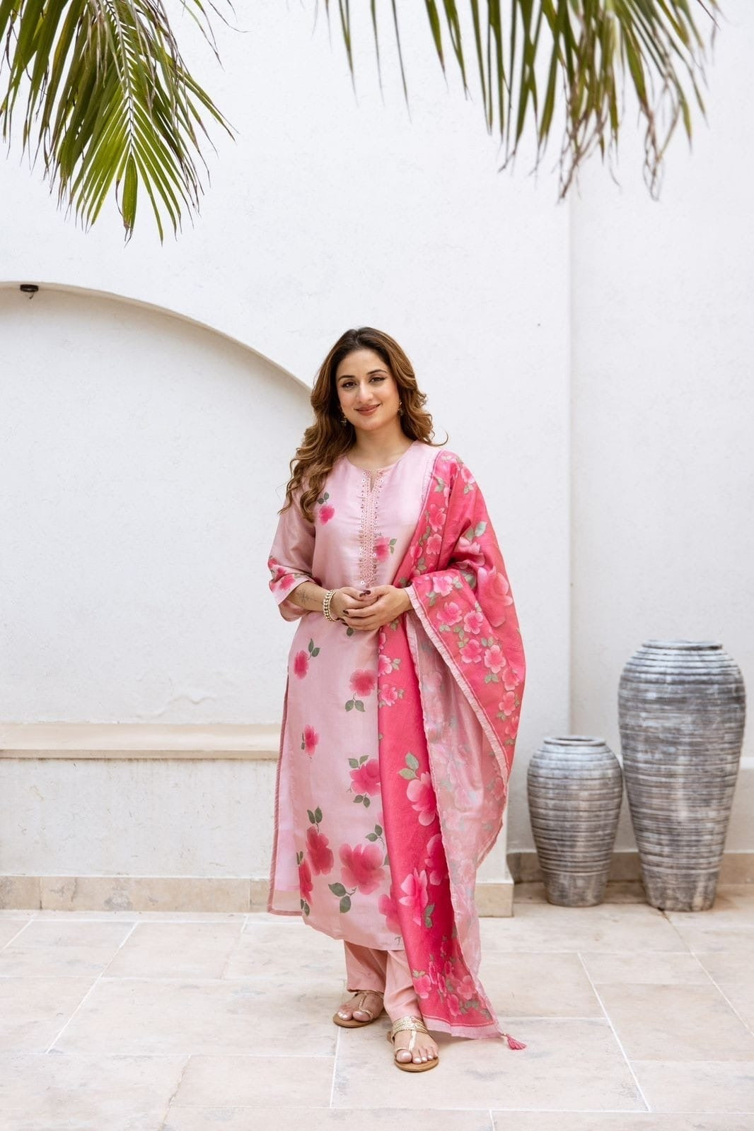 Pink Floral Kurta Set Paired With Floral Dupatta