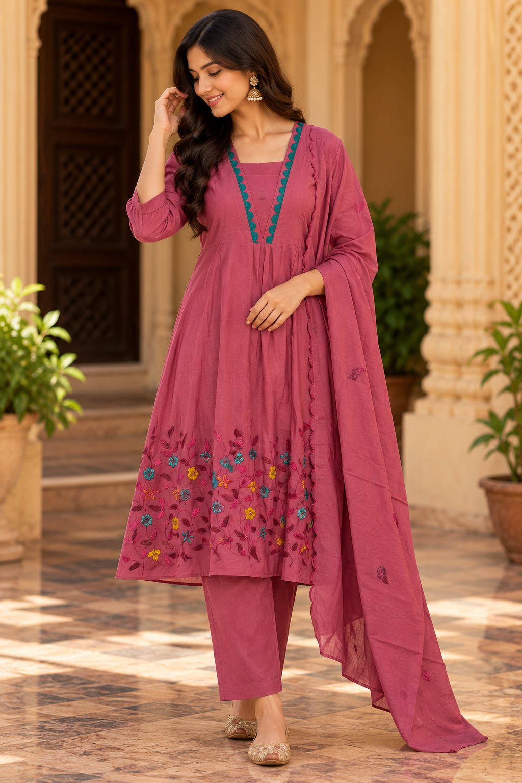 Rose Pink Floral Embroidered Kurta Set