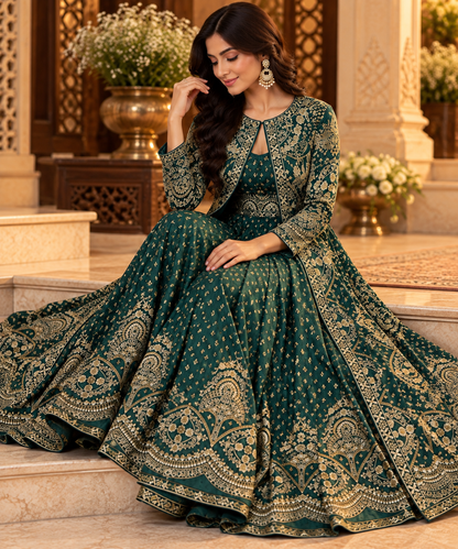 Deep Teal Crape Anarkali with Embroidered Long Jacket