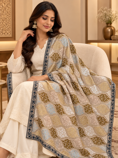 Ivory Wavy Floral Swarovski Work Velvet Shawl
