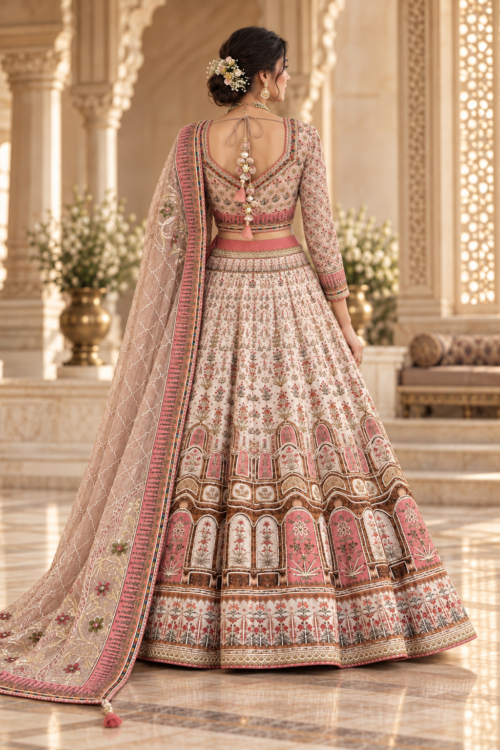Beige Floral Embroidery Lehenga Set