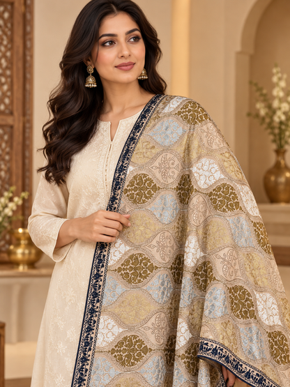 Ivory Wavy Floral Swarovski Work Velvet Shawl