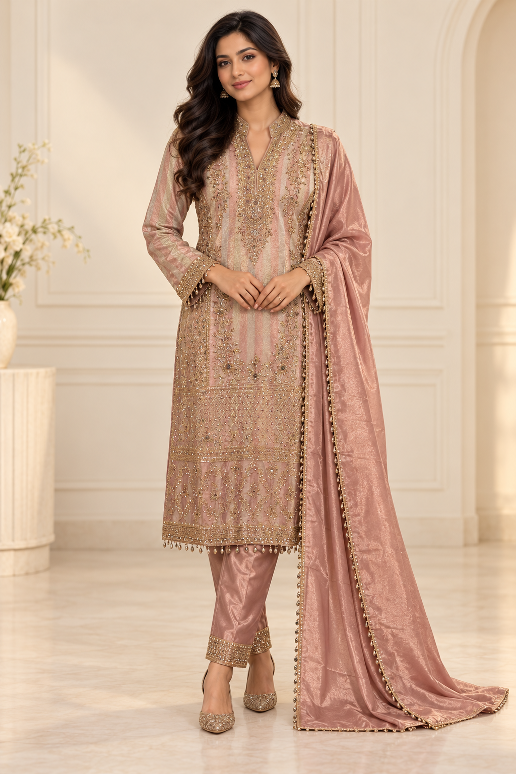 Dusty Rose Embroidered Suit Set