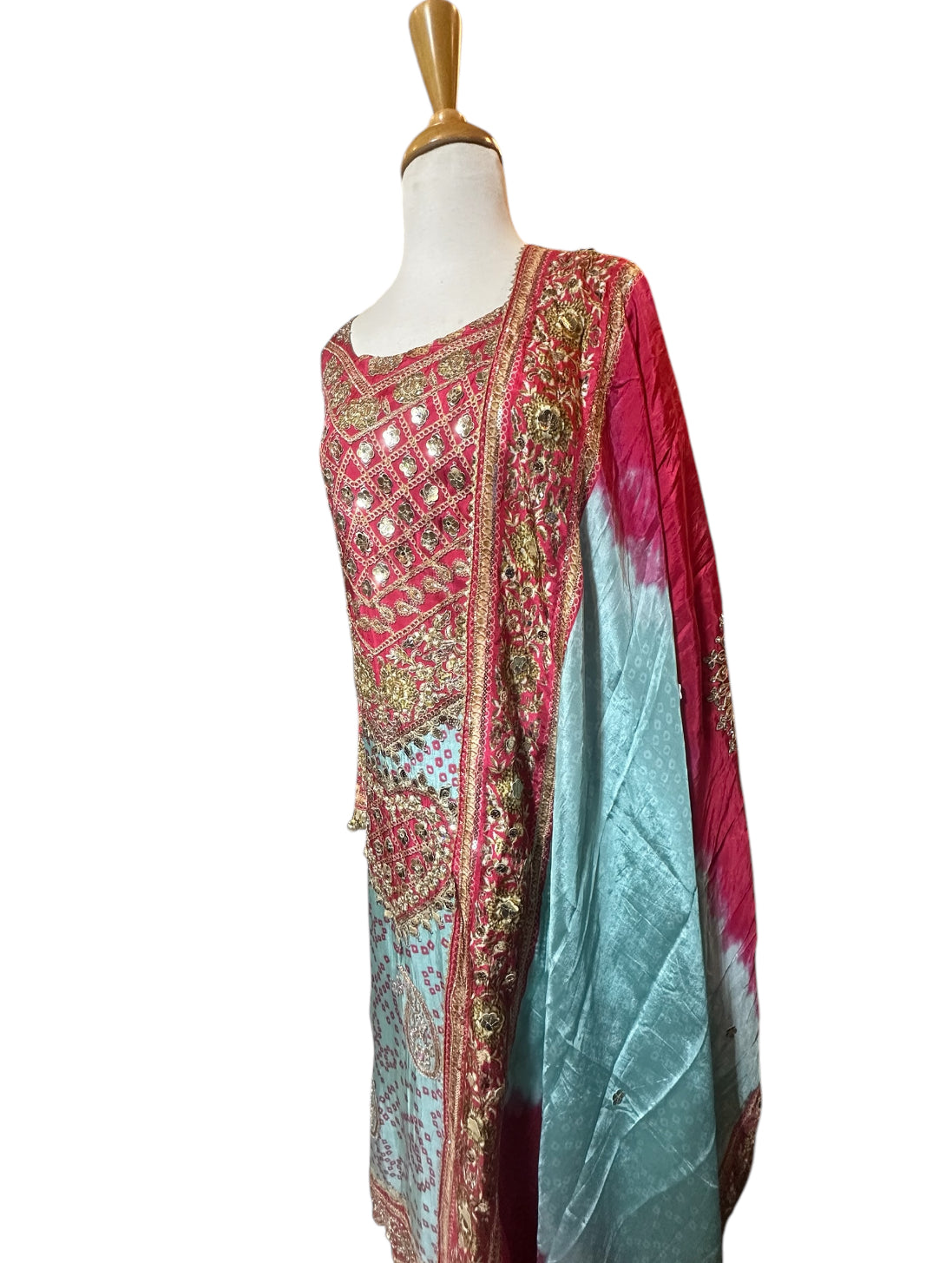 Resham Work Printed Kurta Set Paired with Ombré Dupatta