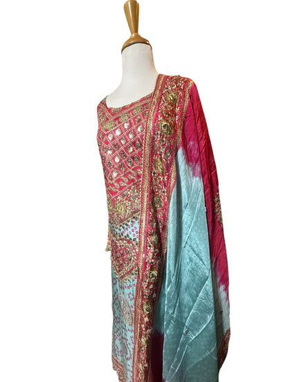 Resham Work Printed Kurta Set Paired with Ombré Dupatta