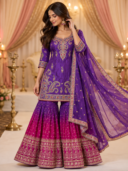 Purple and Fuchsia Embroidered Sharara Set