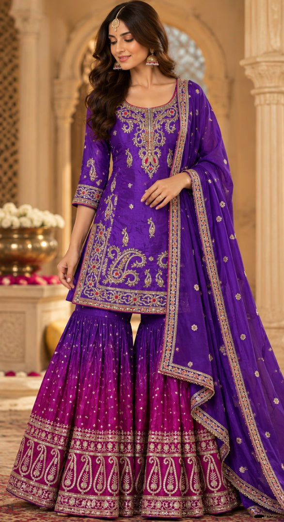Purple and Fuchsia Embroidered Sharara Set