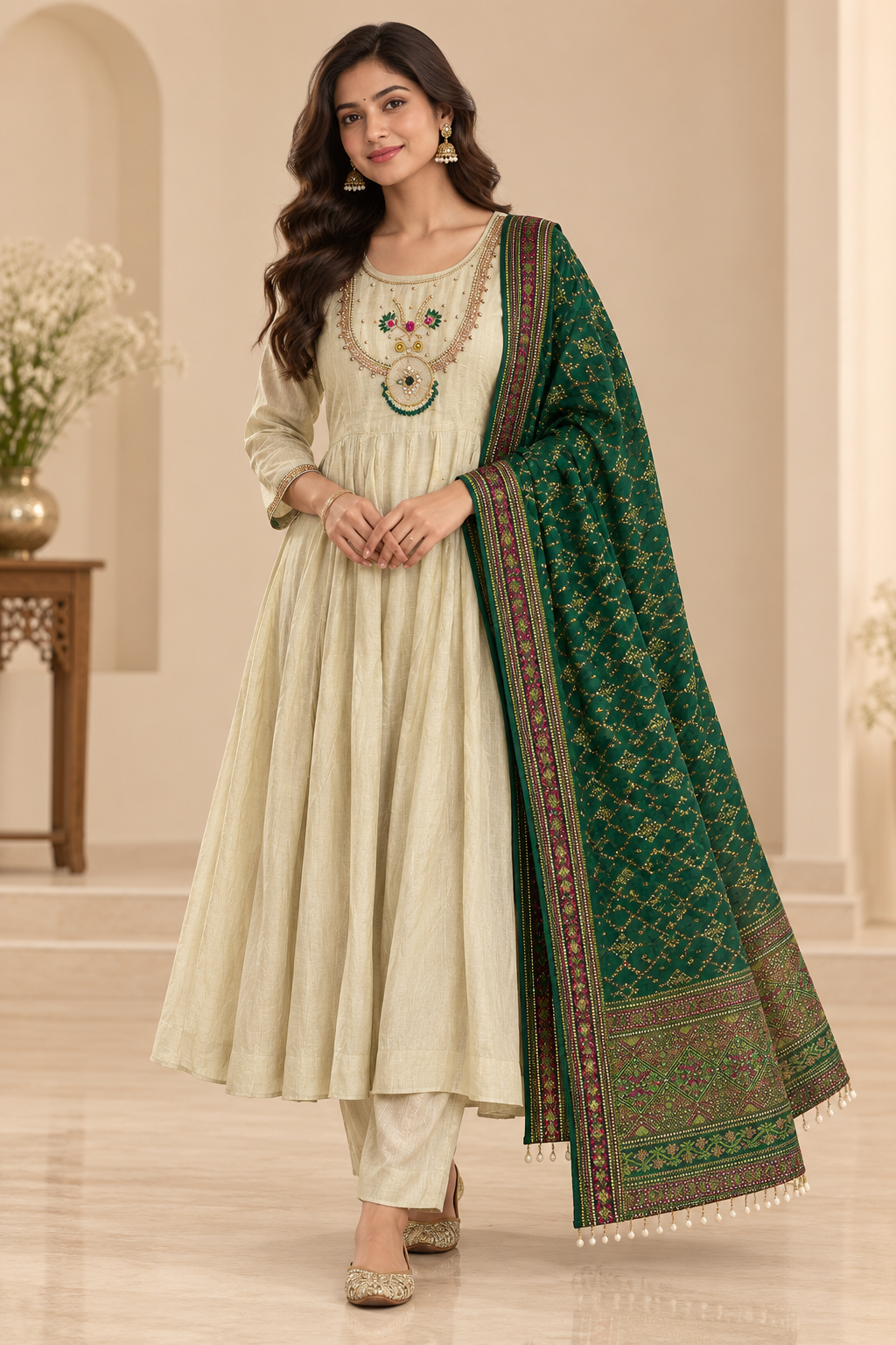 Ivory Embroidered Suit Set with Emerald Dupatta
