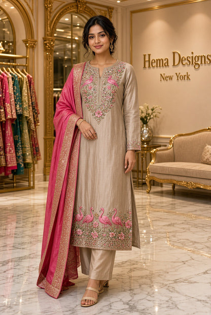 Taupe Embroidered Kurta Set with Pink Dupatta