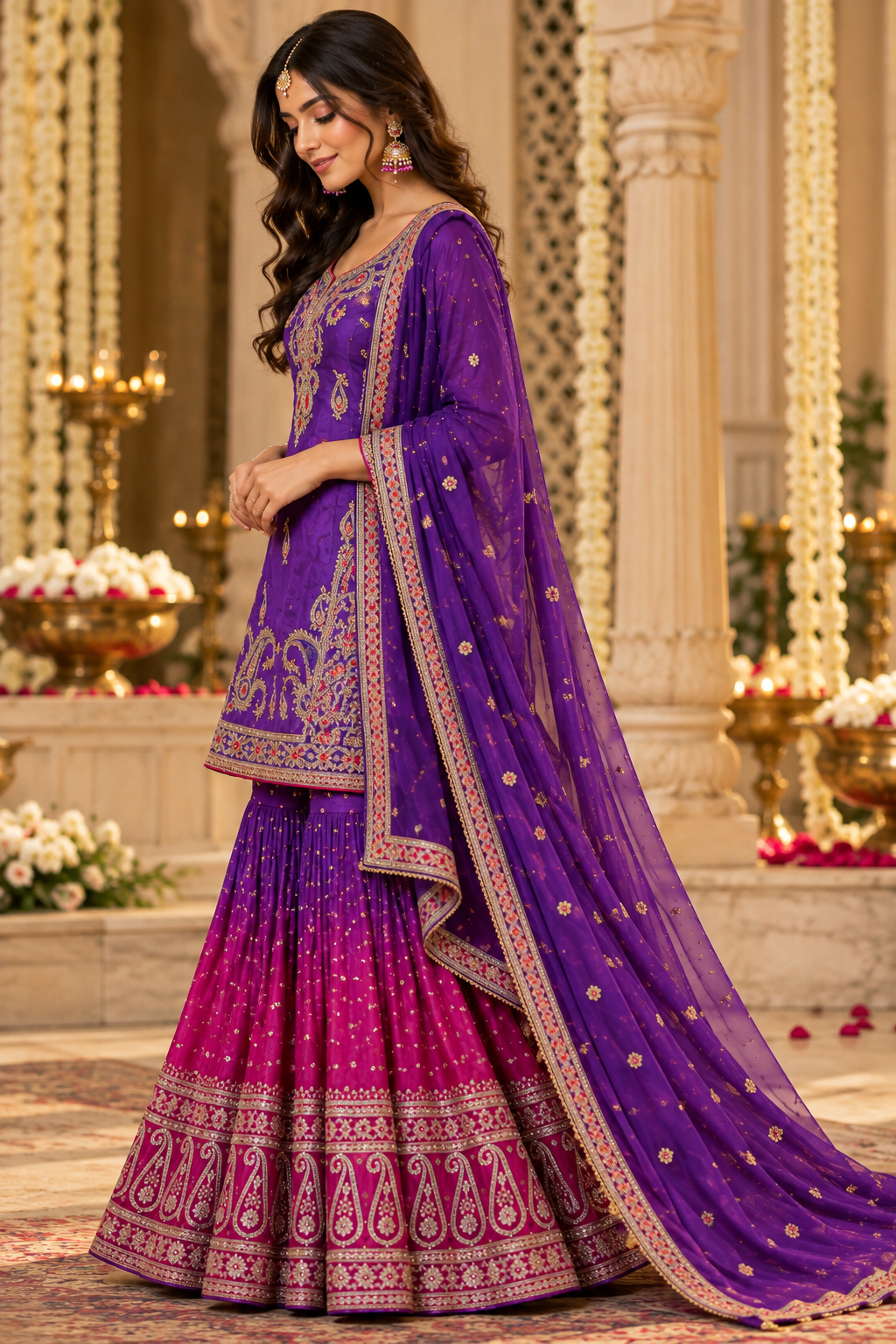 Purple and Fuchsia Embroidered Sharara Set