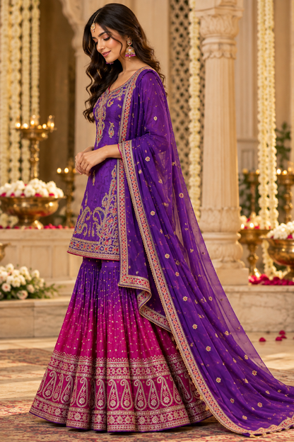 Purple and Fuchsia Embroidered Sharara Set