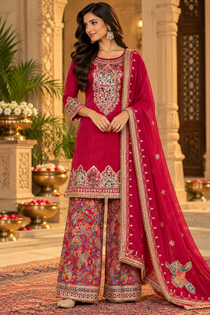 Magenta Embroidered Kurta Palazzo Set