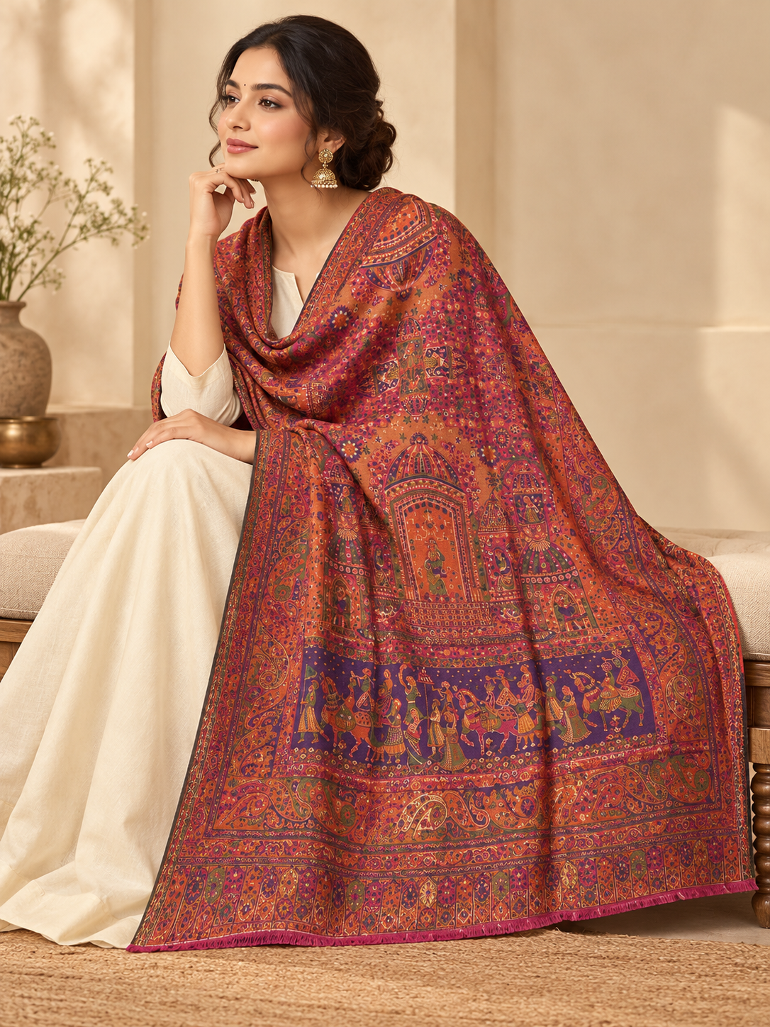 Rust & Plum Shawl with Traditional Floral and Folk Work