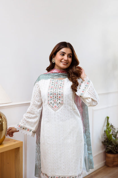 White Kurta Set Paired With Pastel Dupatta