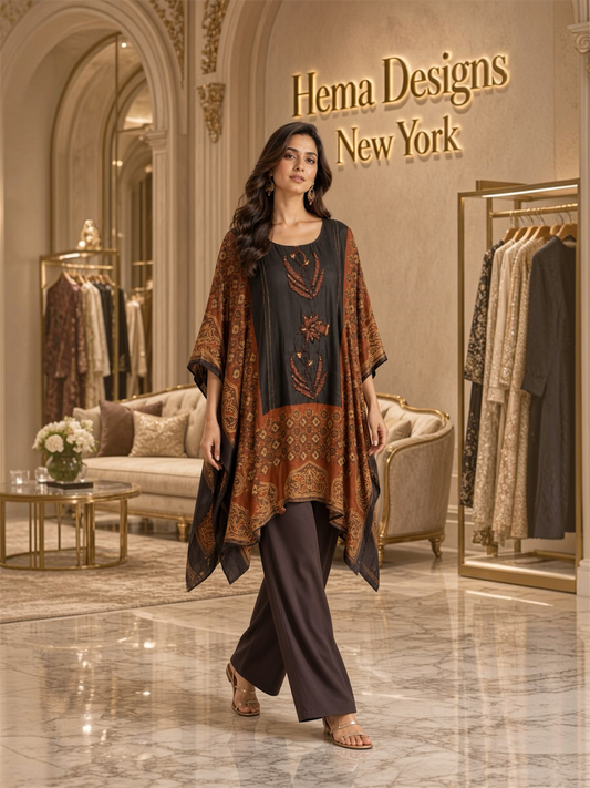 Elegant Black & Rust Asymmetric Kaftan with Palazzo Pants