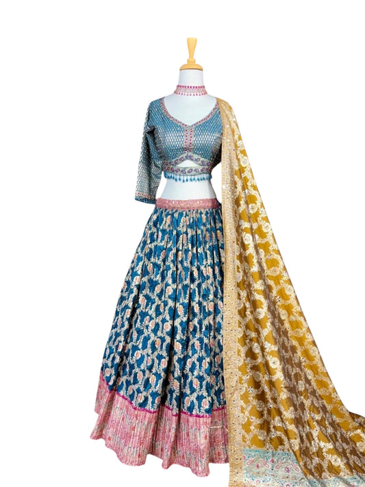 Blue & Mustard Floral Printed Lehenga Set with embroidered Blouse and Dupatta