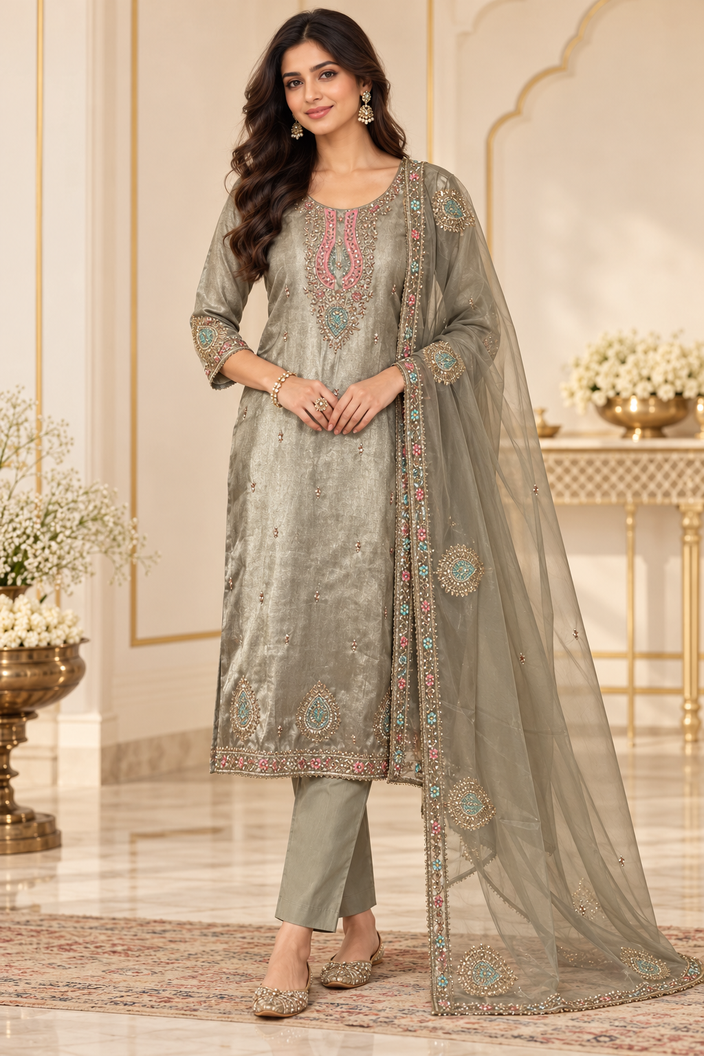 Taupe Embroidered Suit Set