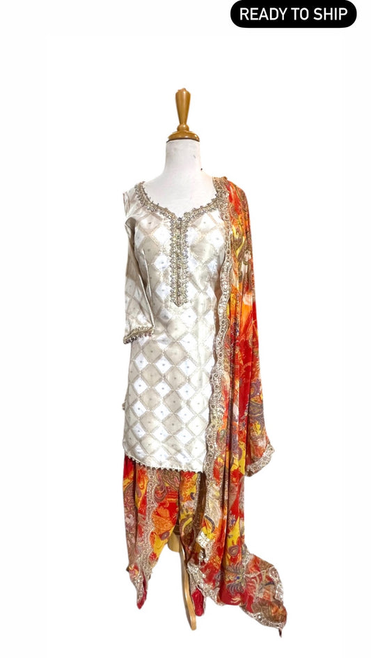 Printed Dhoti Salwar Kurta Set Paired With Printed Dupatta