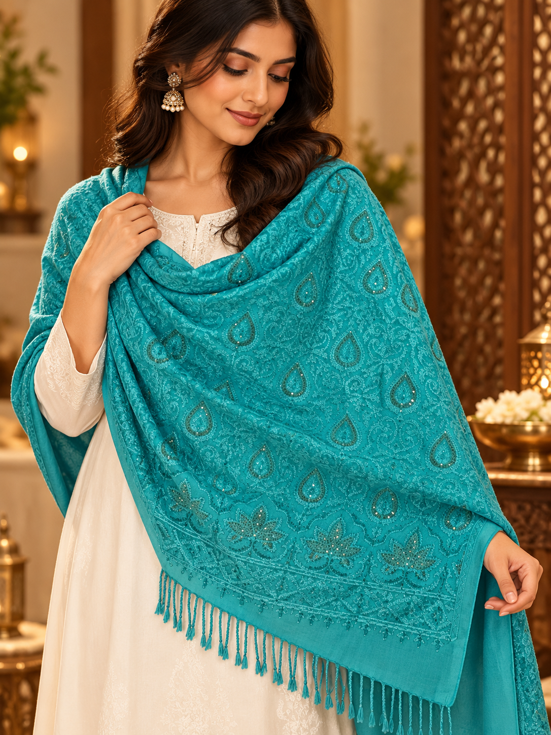 Turquoise Paisley Swarovski Work Pure Wool Shawl