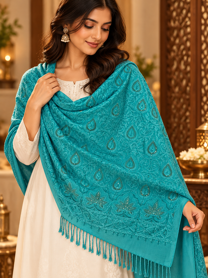 Turquoise Paisley Swarovski Work Pure Wool Shawl