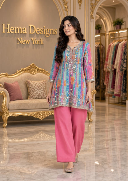 Multicolor Striped Embroidered Kurta Set with Solid Pink Palazzo Pants