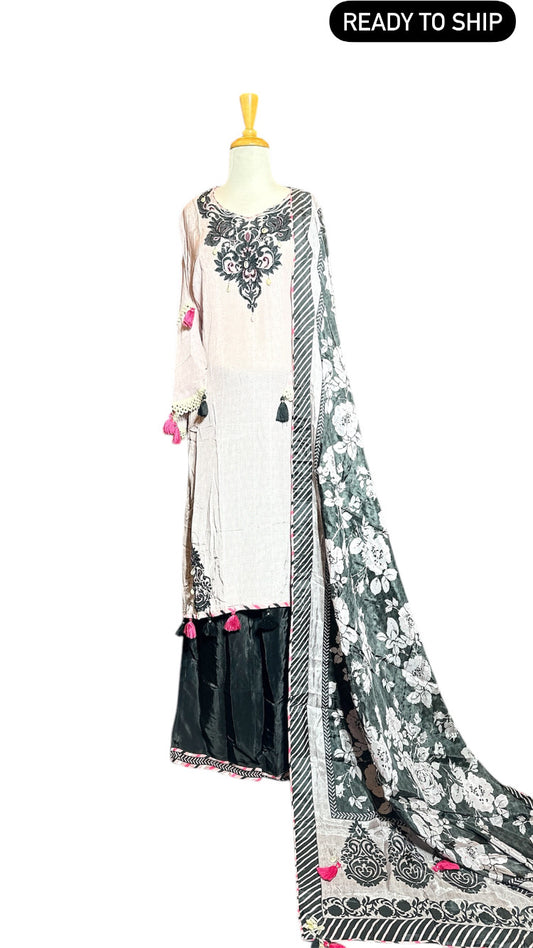 Black and White Embroidery Sharara Suit