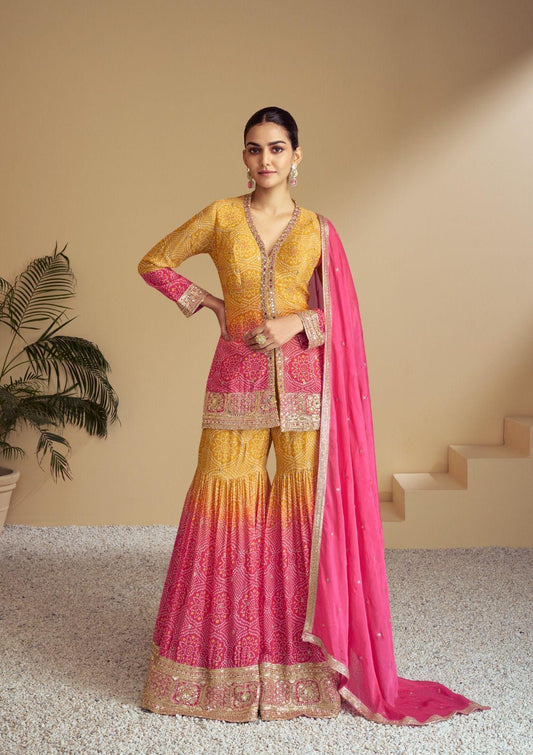 Designer Ombre Pink & Yellow Sharara Suit