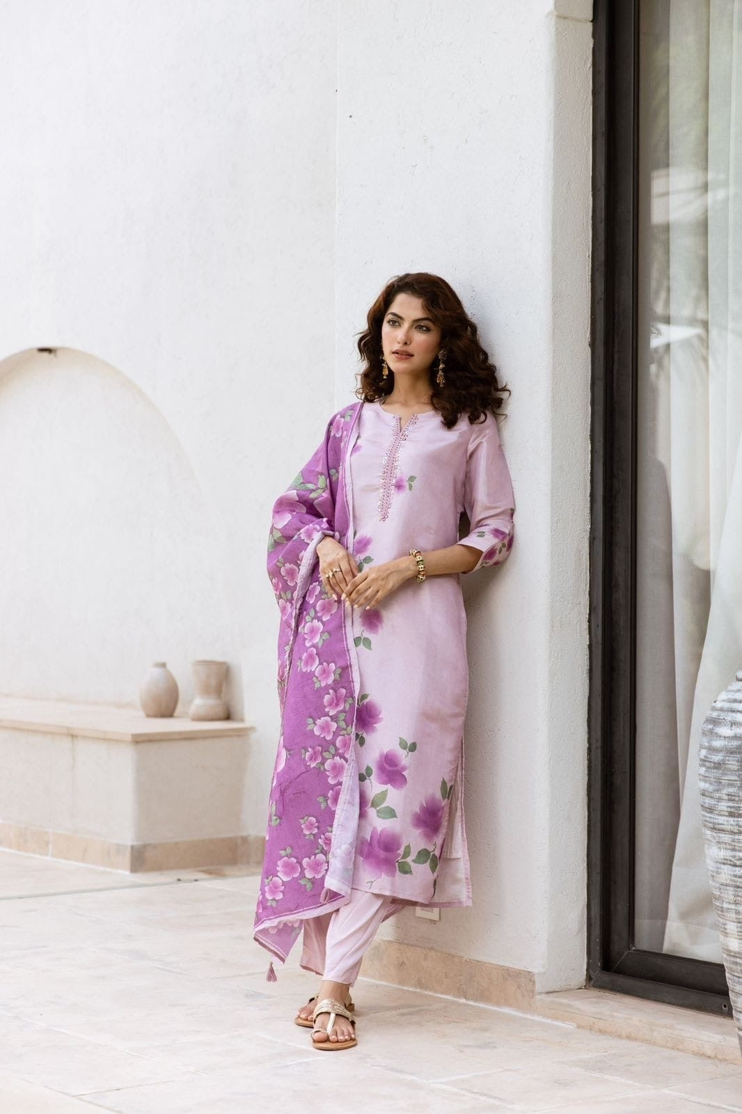 Floral Lavender Kurta Set Paired With Printed Dupatta