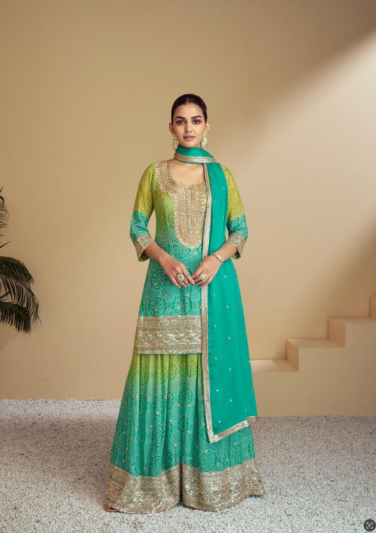 Designer Ombre Blue & Green Sharara Suit
