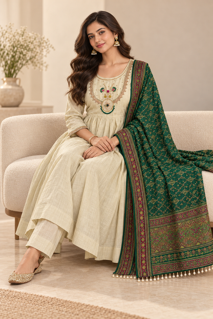 Ivory Embroidered Suit Set with Emerald Dupatta