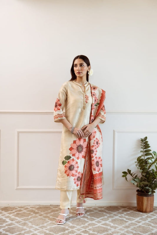 Pink Floral Kurta Set Paired With Printed Dupatta