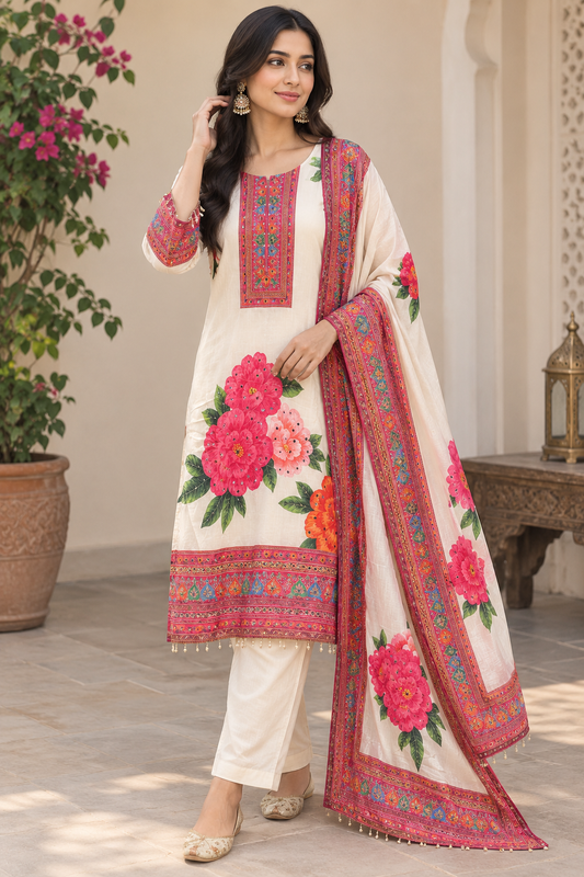 Muslin Floral White Pant Suit