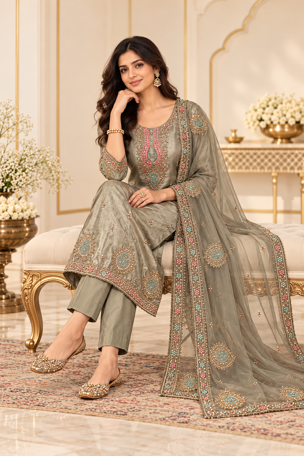 Taupe Embroidered Suit Set