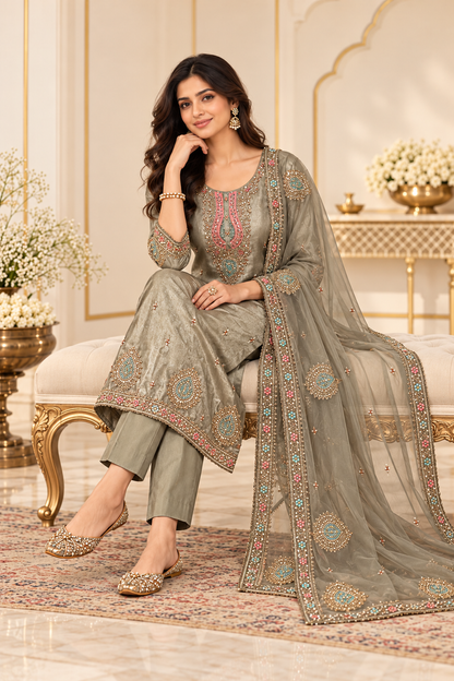 Taupe Embroidered Suit Set