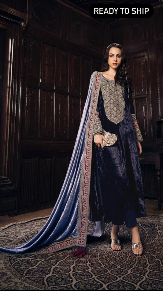 Designer Velvet Kurta Set Paired With Grey Shawl