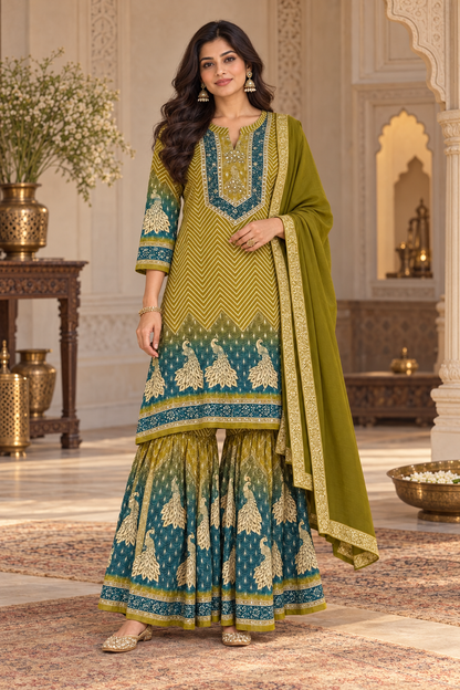 Olive Green & Teal Peacock Sharara Suit with Dupatta