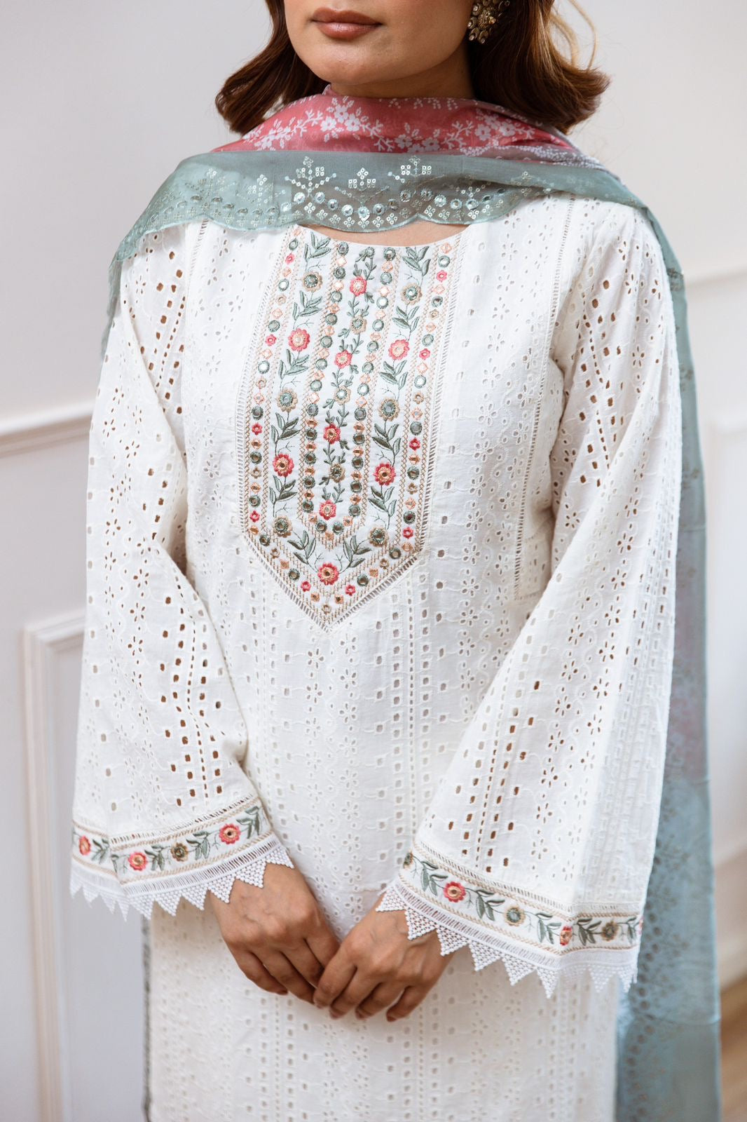 White Kurta Set Paired With Pastel Dupatta