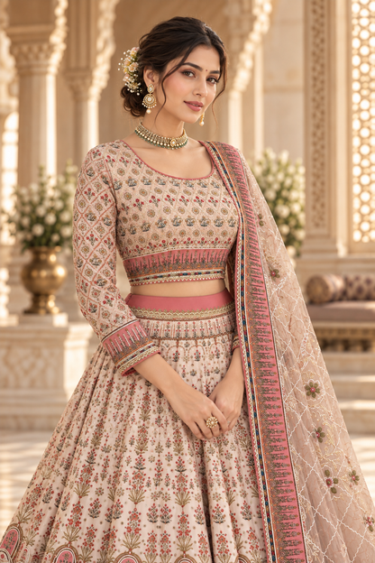 Beige Floral Embroidery Lehenga Set