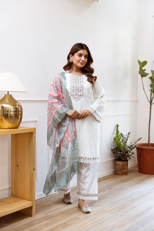 White Kurta Set Paired With Pastel Dupatta