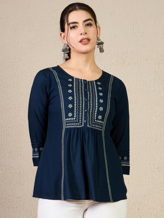 Navy Blue Cotton Embroidered Short Kurti - Everyday Ethnic Charm
