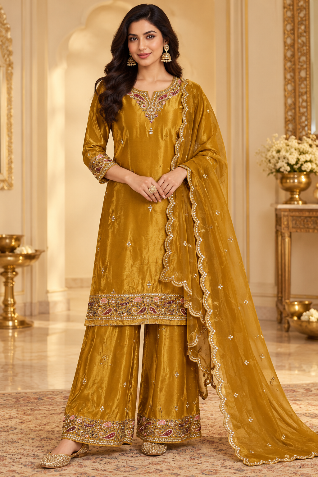 Mustard Gold Embroidered Sharara Set