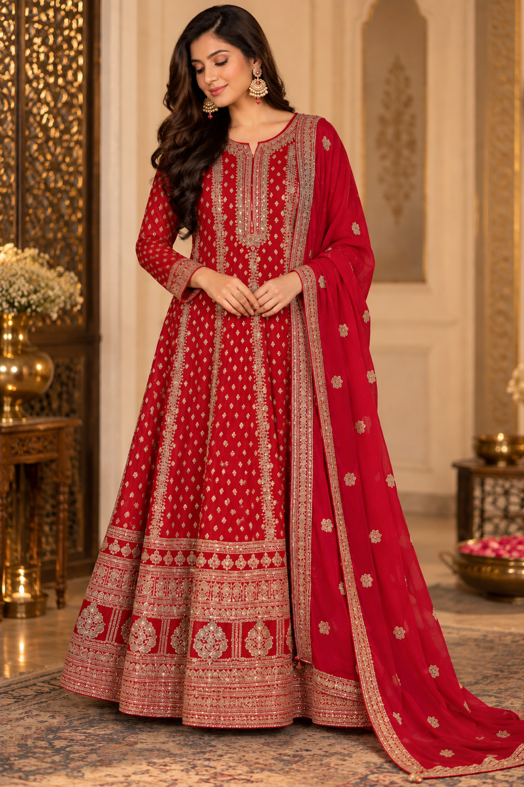 Crimson Red Embroidered Anarkali with Dupatta