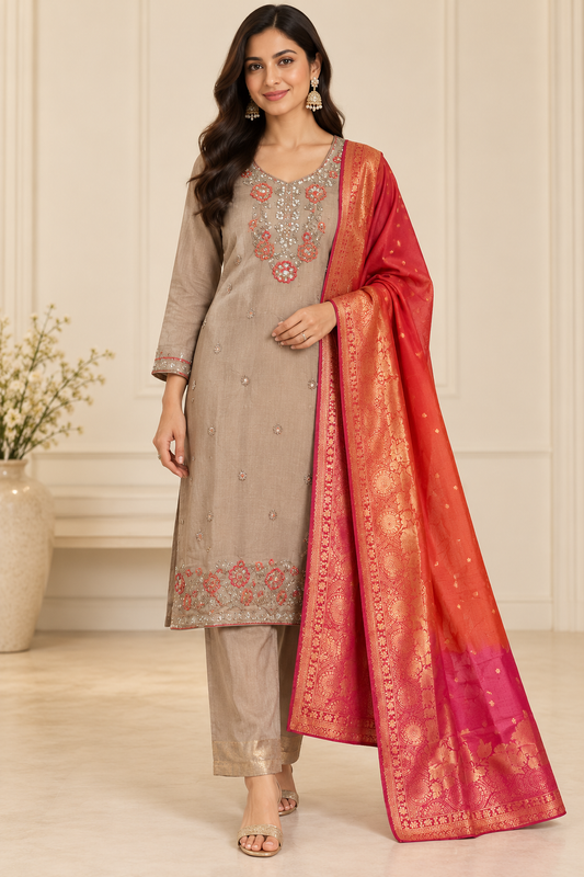 Taupe Floral Embroidered Suit Set with Red Dupatta
