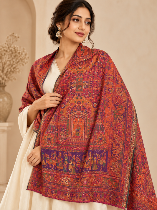 Rust & Plum Shawl with Traditional Floral and Folk Work